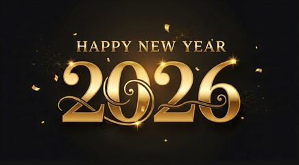 Happy New Year 2026 sale illustration with gold neon light sign concept design for winter holiday celebration card and vector text