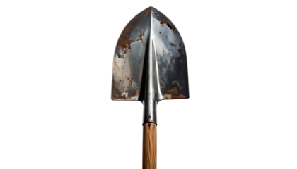 Worn shovel reflects light, dark wood handle