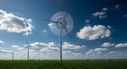 Wind Turbines in a Field Under a Blue Sky with White Clouds