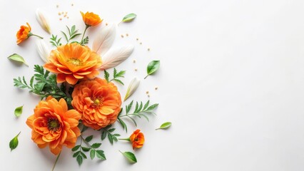 Vibrant Orange Blooms and Delicate White Petals Arranged on a Pristine White Background, Creating a Festive and Elegant Floral Composition