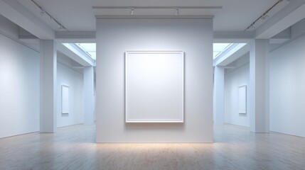 Fototapeta premium A spacious art gallery features bright white walls and polished wood floors. Natural light streams in illuminating a simple empty frame in the center creating a tranquil atmosphere for visitors.
