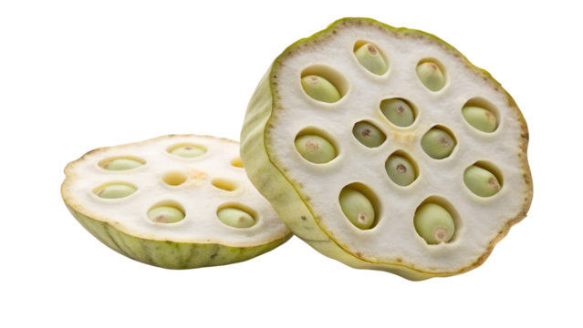 Lotus seed pod fragment with visible seeds, isolated realistic PNG object, cinematic lighting.