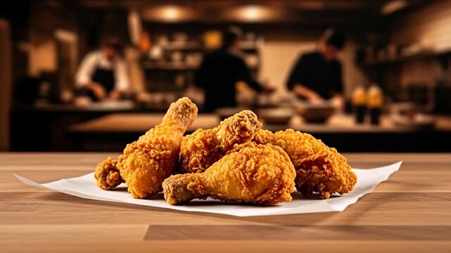 Crispy Golden Fried Chicken Drumsticks Pile on White Paper with Blurred Chef in Background on Wooden Table Comfort Food Preparation Advertising Recipe Restaurant Focus Shot