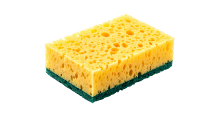 Yellow sponge with green scrub pad, isolated on black background
