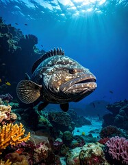 Underwater shot showcasing a large, speckled fish near colorful coral reefs