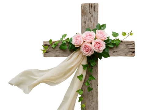 Isolated rustic cross with soft pink roses and flowing ivory cloth for a wedding or memorial