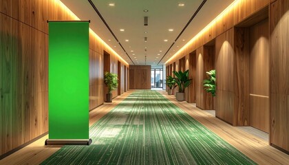 Blank green screen roll-up banner in a modern office hallway with wood walls.