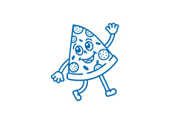 A cheerful slice of pizza with toppings is walking and waving happily