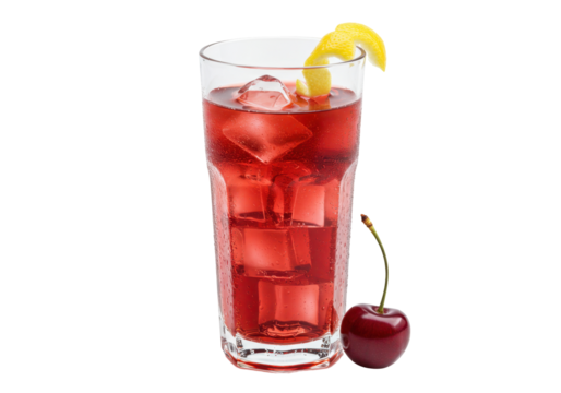 Isolated cocktail highball glass with ice and lemon twist, with cherry side, drink