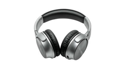 Silver headphones with black pads, facing front on black