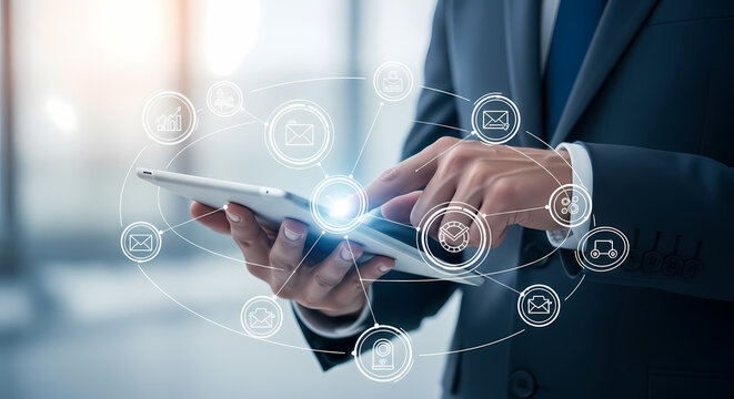 A businessman in a suit uses a digital tablet, showcasing modern technology and communication with connected icons in the background.