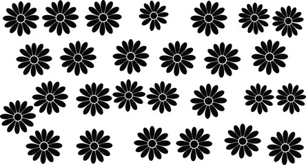 Collection of black daisy flower silhouettes, floral pattern design with circular petals, decorative vector illustration for background and graphic art
