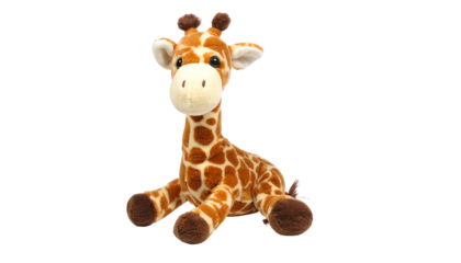Giraffe plush toy sitting; tan body with brown spots; gentle
