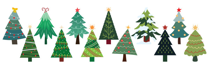 Colorful Christmas trees illustration with festive decorations and ornaments