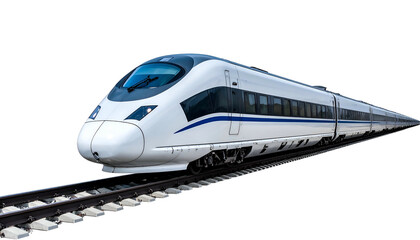 Fototapeta premium Sleek white high-speed train on tracks against a black background