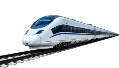 Sleek white high-speed train on tracks against a black background