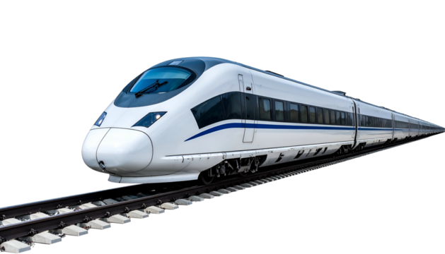 Sleek white high-speed train on tracks against a black background
