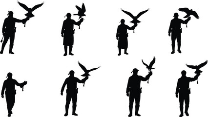 Silhouette of falconer training hawk for hunting, man with bird of prey, falconry sport, wildlife control, traditional hunting illustration