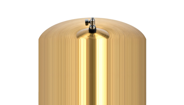 Polished gold cymbal's top, knob on center, against black backdrop