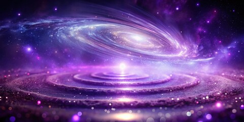 Obraz premium Cosmic Swirl Above a Glittering Purple Planetoid, a Celestial Tapestry of Light and Stardust