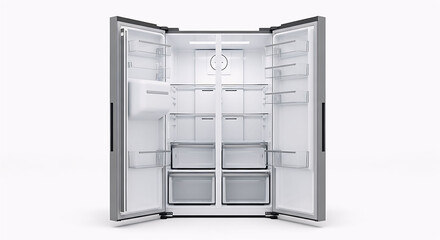 Open empty refrigerator on white background