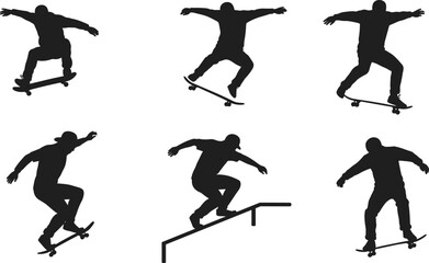 Silhouette of skateboarders performing tricks and jumps, extreme sports action, urban skateboarding stunts, freestyle movement, street sport illustration design