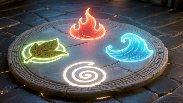 Four glowing elemental symbols on a mystical stone
