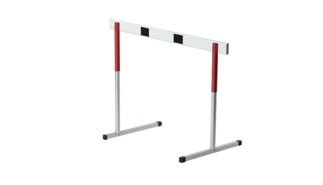 Cartoon hurdle with white bar, red and gray legs, black background