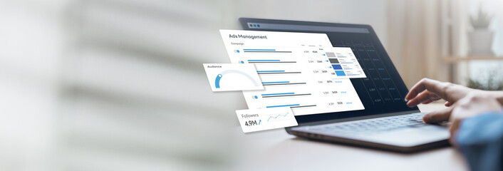 ads, budget, set, daily, caps, spend, A person managing ad budgets and campaign settings on a laptop with a digital dashboard, showing spending limits, audience targeting, and performance data.