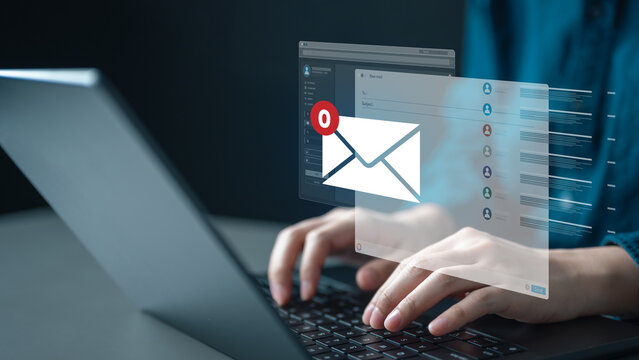 email, inbox, zero, read, archive, clean, productivity, A person typing on a laptop with digital email inbox notification, representing inbox zero, message management, and productivity workflow.