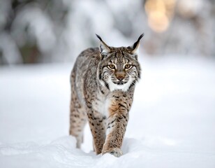 Naklejka premium A wild feline with spotted fur walks confidently through deep snow, its amber eyes fixed forward in a wintry forest scene