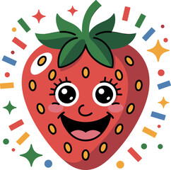 Adorable Smiling Strawberry Character Design with Festive Confetti and Sparkles Celebrating Healthy Sweet Fruit Fun