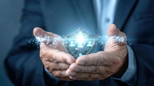 A professional business person holds a glowing digital shield, symbolizing comprehensive family protection, personal insurance benefits, and future financial security. 