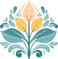 Elegant symmetrical stylized floral motif with a blossoming flower and intricate leaves in soft pastel colors, perfect for decorative graphic designs, invitations, or textile patterns