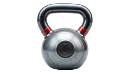 Silver kettlebell with red accents centered against a black void