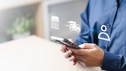 order, tracking, delivery, map, logistics, Person using smartphone to track online delivery with...