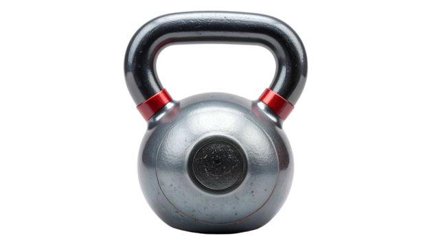 Silver kettlebell with red accents centered against a black void - Powered by Adobe