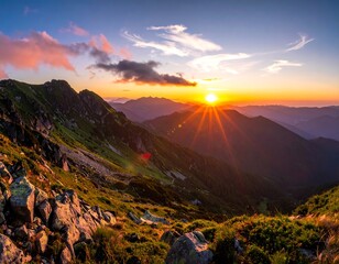 Majestic mountain range at sunset, glowing with vibrant colors