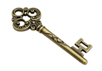 Isolated old-fashioned skeleton key, antique object for a lock, metallic golden color, bronze