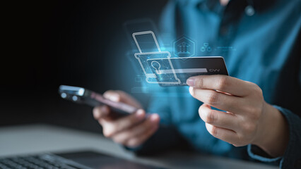 credit, card, security, payment, 2fa, otp, fraud, checkout, A person holding a credit card and smartphone using 2FA or OTP verification, representing secure online payment and fraud prevention.