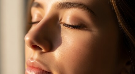 Close-up on a woman's serene face with closed eyes, bathed in warm sunlight highlighting skin texture, concept for wellness promotion, skincare product advertising and mindfulness meditation imagery