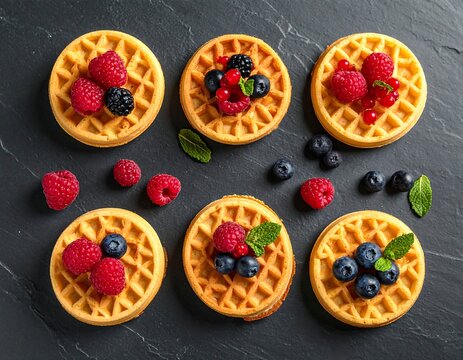 Overhead shot of six round waffles topped with mixed berries - Powered by Adobe