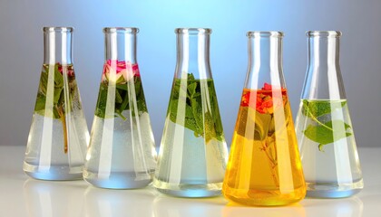 Five Glass Flasks with Flowers and Liquids on a White Surface