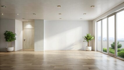 Fototapeta premium Bright, airy, minimalist apartment interior design with hardwood floors, large windows, and potted plants showcasing a clean, modern aesthetic
