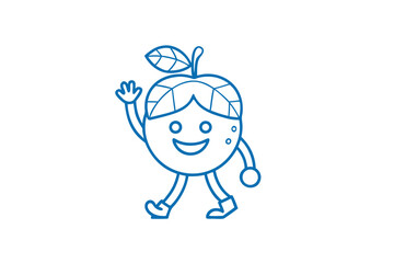 Blue outlined cartoon apple is walking and waving on a white background