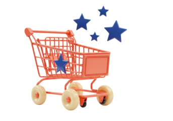 Isolated toy shopping cart with blue star ornaments, small metal supermarket trolley