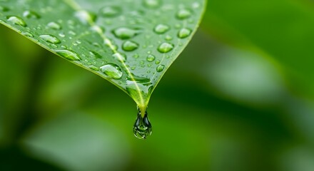 Fototapeta premium Closeup of a green leaf with water droplets and a single drop hanging
