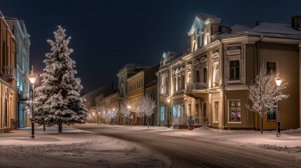 Obraz premium Winter Evening in a Snow-Covered Historical Street with Christmas Lights