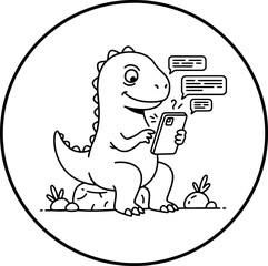 Obraz premium Cute cartoon dinosaur with a smartphone texting in a circle with plants and rocks
