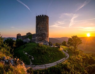 Majestic stone structure with a tower atop a verdant hill during sunset